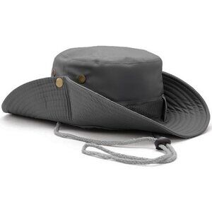 Unisex Dark Grey 100% Cotton Wide Brim Boonie With Chin Strap Classic Bucket Hat